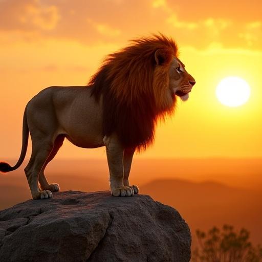 A lion with a flowing red mane stands on a rocky outcrop at sunrise in the African savanna.