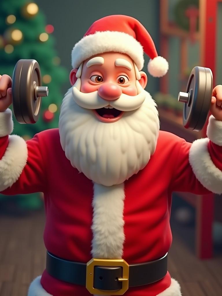 Santa lifting weights in a festive atmosphere. Santa is smiling while exercising. He wears a red suit with a white beard. Background features decorations and a Christmas tree.