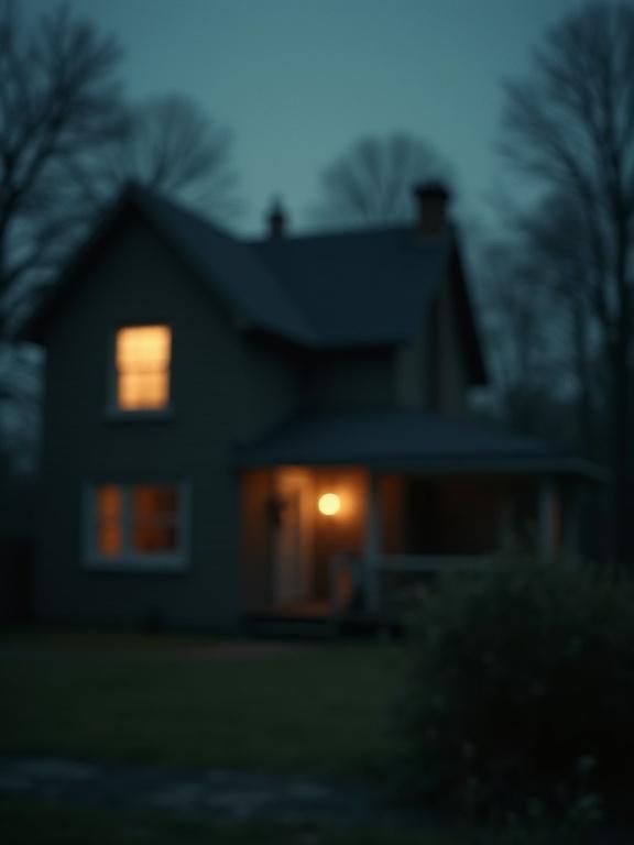 A blurred view of a simple house at night. A warm light shines from a window. The scene suggests comfort and safety. Captures a cinematic feel with a slightly out of focus ambiance.