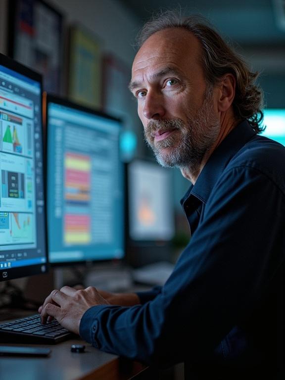 A professional man working intently at his computer. Multiple computer screens display various data and designs. The environment is dimly lit, with a focus on the man's expressive face and hands. Emphasizes a tech-savvy atmosphere.