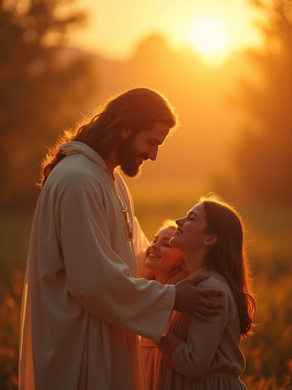 Image depicts Jesus with expression of love and protection. Warm light surrounds family embracing in peaceful setting. Soft golden sunset conveys hope and divine security. Highly detailed and natural light.