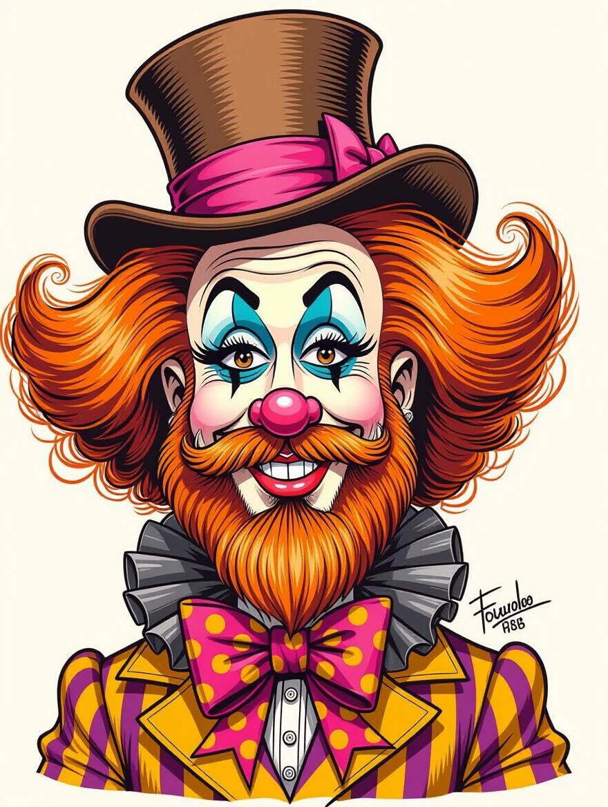 Highly stylized caricature of a clown character with fair skin and large, voluminous curls. Bright orange hair and a whimsical brown top hat with a pink ribbon. The character has a decorative bow tie with polka dots. Features heavy stage makeup and a ruffled garment. Colorful cartoon portrait with bold outlines against a solid background.