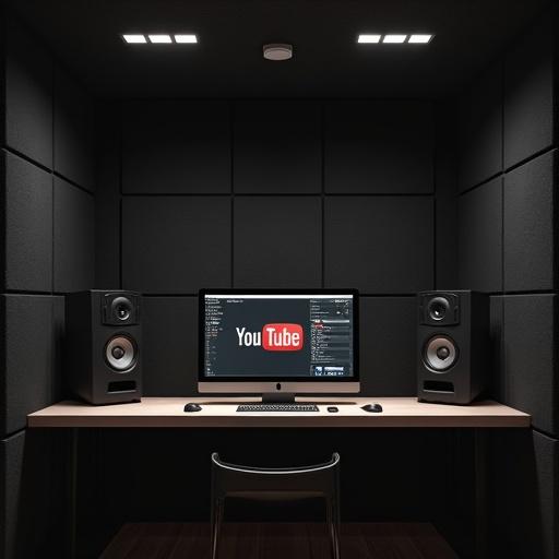 Studio room with black square soundproof walls and a black ceiling. High detail image of a computer on a desk facing the viewer. Displaying the YouTube graphic user interface.
