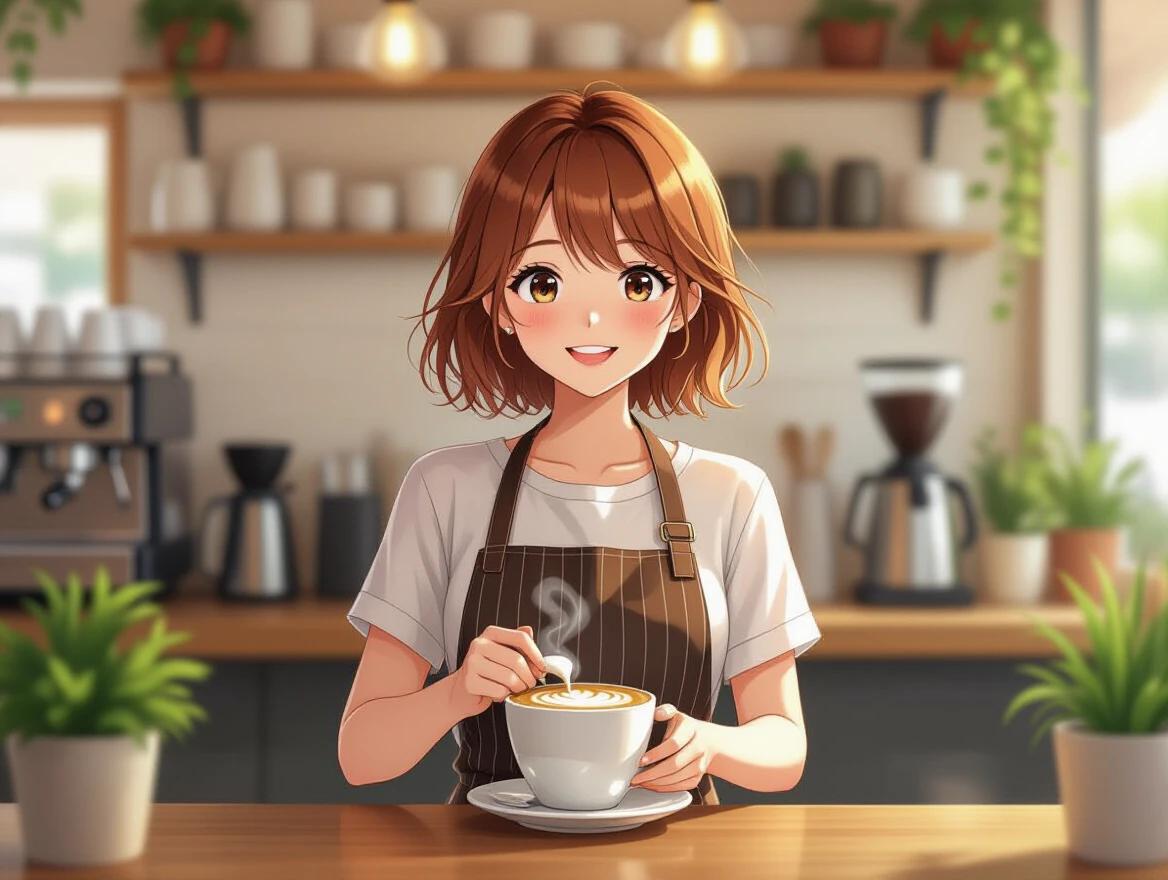 A cheerful barista girl with short auburn hair is making latte art in a cozy modern café. She wears an apron. The setting has warm lighting and wooden shelves with hanging plants in the background. Coffee steam is visible. The image has a shallow depth of field and cinematic soft focus.