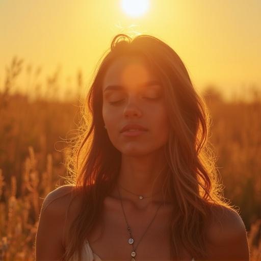 Woman stands outdoors in a field with the sun in the background. The lighting is warm and golden. The woman appears serene and peaceful, with closed eyes.