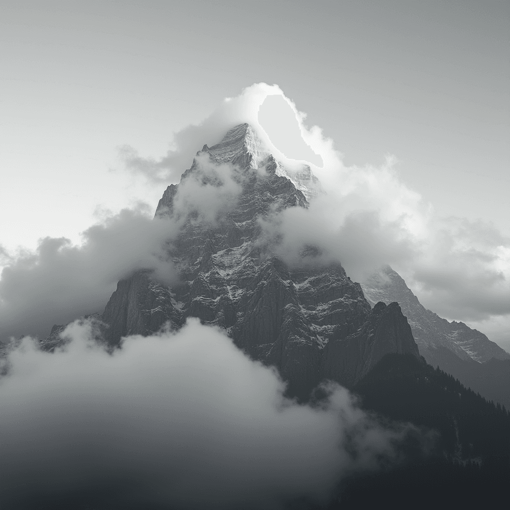 The black and white photograph captures the grandeur of a towering mountain peak partially obscured by thick, swirling clouds. The peak juts sharply into the sky, its rugged cliffs and ridges highlighted by the interplay of light and shadow. The clouds wrap around the summit, creating a dramatic and ethereal atmosphere. The lower sections of the mountain are dark with dense forestry, contrasting with the lighter, airy clouds above. The lack of color accentuates the texture and form of the landscape, giving it a timeless and mysterious quality.