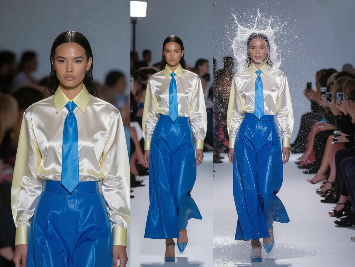 Three images show a woman on the runway. First image shows her speaking to the public. Second image shows water spraying onto her head. Third image shows water dripping on her soaked clothes. The woman wears a shiny yellow shirt with a blue tie and a blue pencil skirt. Her expression changes from neutral to surprised to shocked. Background is reddish-brown. Each image captures the humorous effect of water.