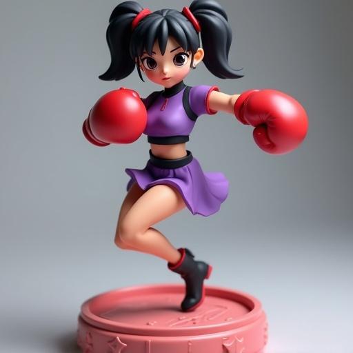 Female resin figure in a dynamic boxing pose. Confident pose with red boxing gloves. Purple outfit and flowing skirt. Black hair styled in three pigtails. Base decorated like a ring. Not aggressive or realistic.