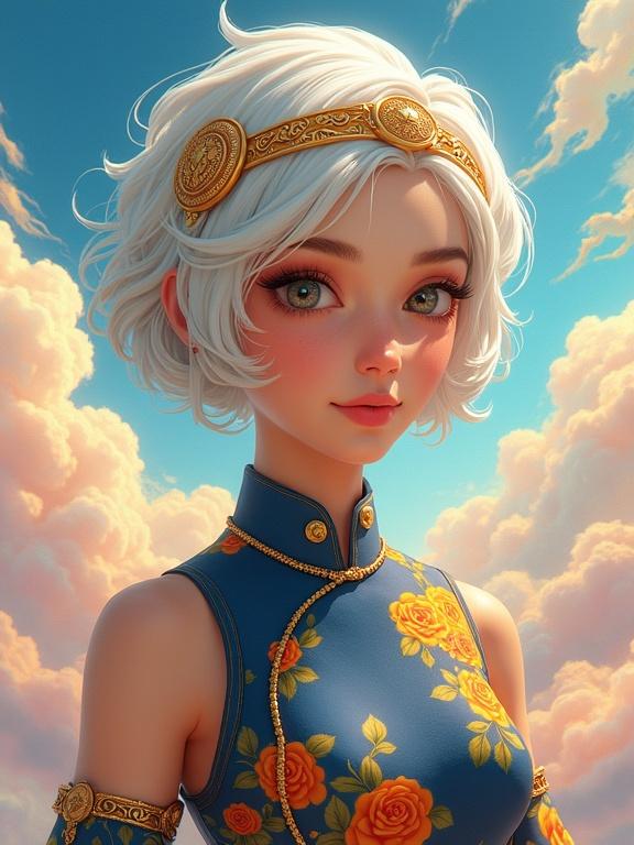Vibrant detailed digital artwork of a young woman with short white hair and a golden headband. She has large expressive eyes and a gentle expression. Wearing a fitted outfit with floral patterns. Background features swirling clouds in vibrant colors. Soft dramatic lighting highlights her features and outfit details. Polished semi-realistic digital art style.
