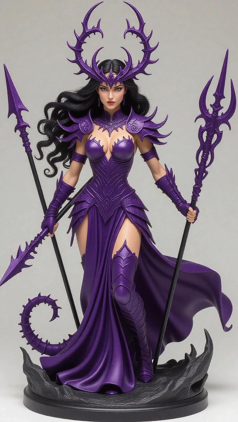 Resin sculpture of a goddess inspired by Scorpio. Elegant and strong figure. Long wavy black hair and sharp crown. Purple armor with scorpion symbols. Attack pose with spear in hand. Dark rocky base. Divine and mystical design.