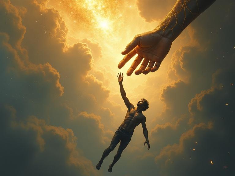 Surreal artwork depicts a man falling through the sky. His body is dark and cracked resembling stone. He reaches toward a large divine hand from above glowing like the sun. Their fingertips touch and golden light flows into the man, restoring parts of his body. The sky showcases soft clouds with a gradient. The scene combines painterly style and symbolic elements inspired by Michelangelo and mythology.