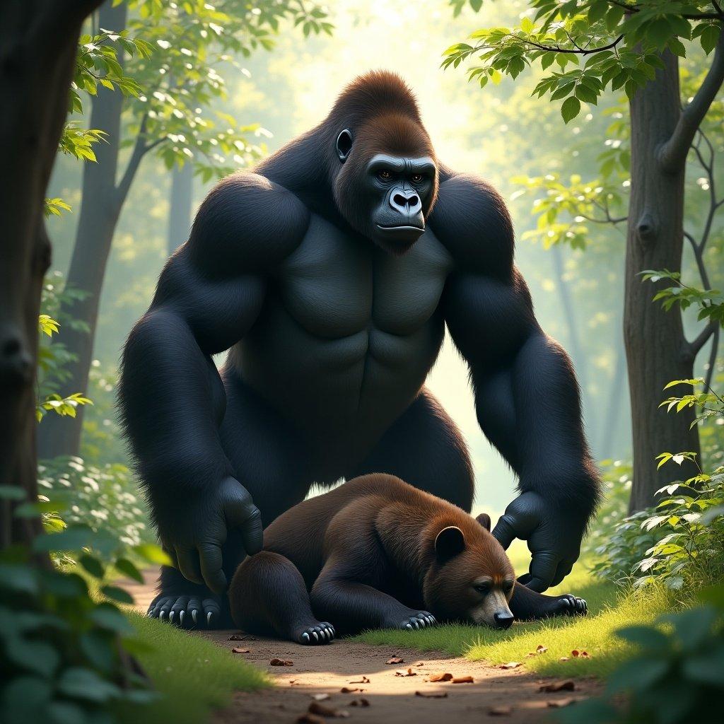 Giant gorilla stands tall. Defeated bear lies on the ground. Sunlit forest surrounds them. The gorilla attempts to lift the resting bear. Lush greenery fills the area. Scene feels calm and shares unexpected camaraderie between two majestic creatures. Dappled sunlight filters through leaves, casting soft shadows on the forest floor.