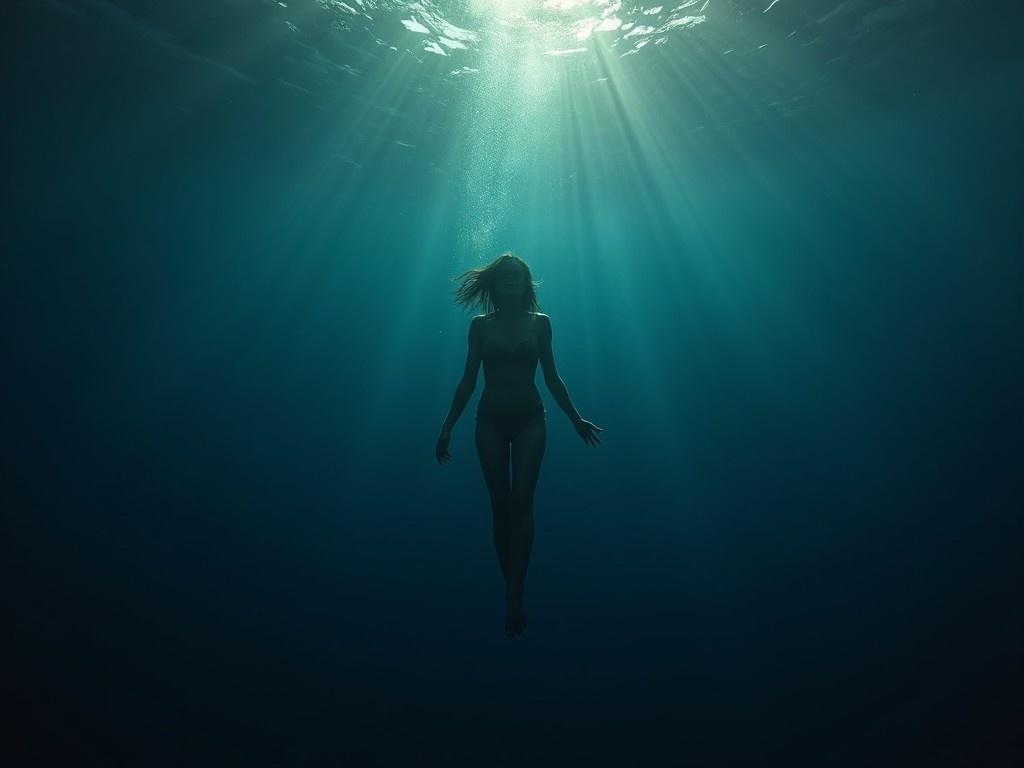 This image features a woman gracefully floating underwater. The scene is enveloped in a dark blue abyss, creating a profound sense of solitude. Sunlight penetrates the water's surface, illuminating her silhouette and contrasting beautifully with the surrounding darkness. This visual embodies both freedom and the feeling of being trapped, reflecting emotional struggles. The overall mood is meditative yet tinged with melancholy, engaging viewers on an emotional level.