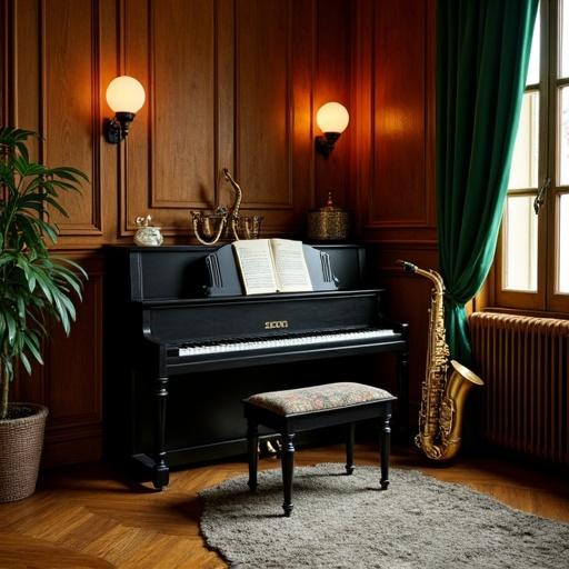 Elegant jazz room features a black piano and saxophone. Wooden wall adds warmth. Green curtains enhance the atmosphere. Sheet music rests on the piano. A small tapestry seat complements the decor. Lush plant adds life to the scene.