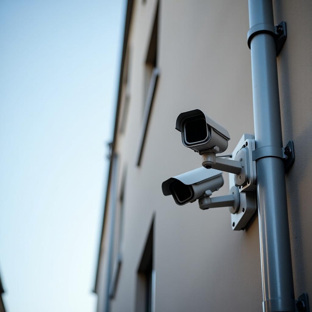 The image depicts a pair of modern security cameras mounted on the side of a building. The cameras are positioned at an angle, emphasizing their surveillance capabilities. The building's exterior is plain and contrasted with the cameras. The scene is well lit by natural daylight, indicating a bright day. The angle of the shot highlights the purpose of the cameras, which is to monitor the area for safety and security.