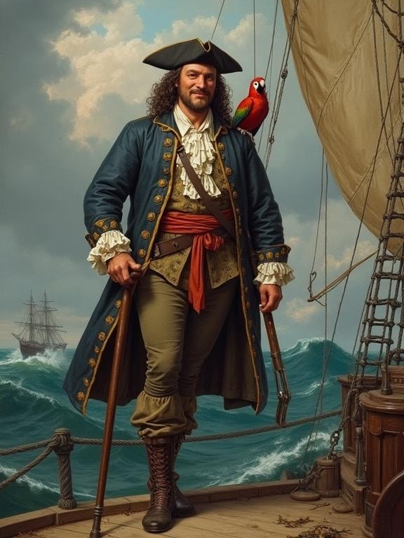One-legged John Silver dressed in cook's clothes on a ship. Parrot perched on his shoulder. Character has a round red face and a smile. Stands leaning on a crutch. Depicts a stormy sea and wind. Inspired by the novel Treasure Island by Stevenson. Created in the style of 18th-century English masters.