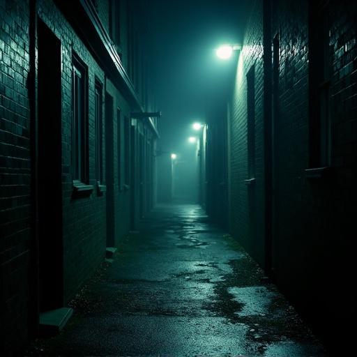 A dark alleyway illuminated by dim streetlights. Atmospheric and gripping design for a Hip Hop album cover. Urban setting at night with fog and reflections on wet pavement.