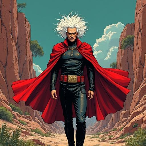 Design a manga cover in Berserk style featuring a character inspired by Einstein. The character wears a flowing red cape and is in a dramatic pose amid a fantastical landscape.