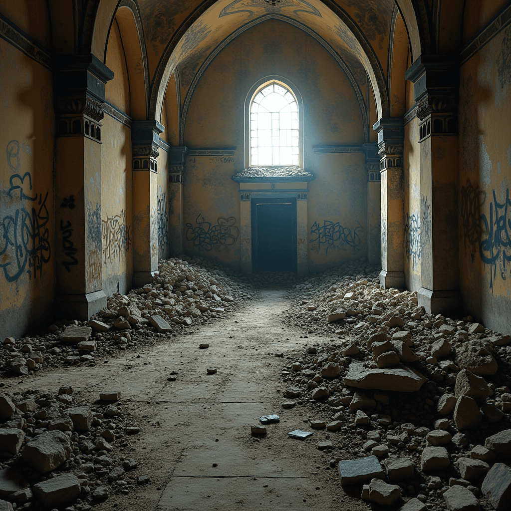 An abandoned, graffiti-covered church hallway filled with rubble and illuminated by soft light filtering through a window.