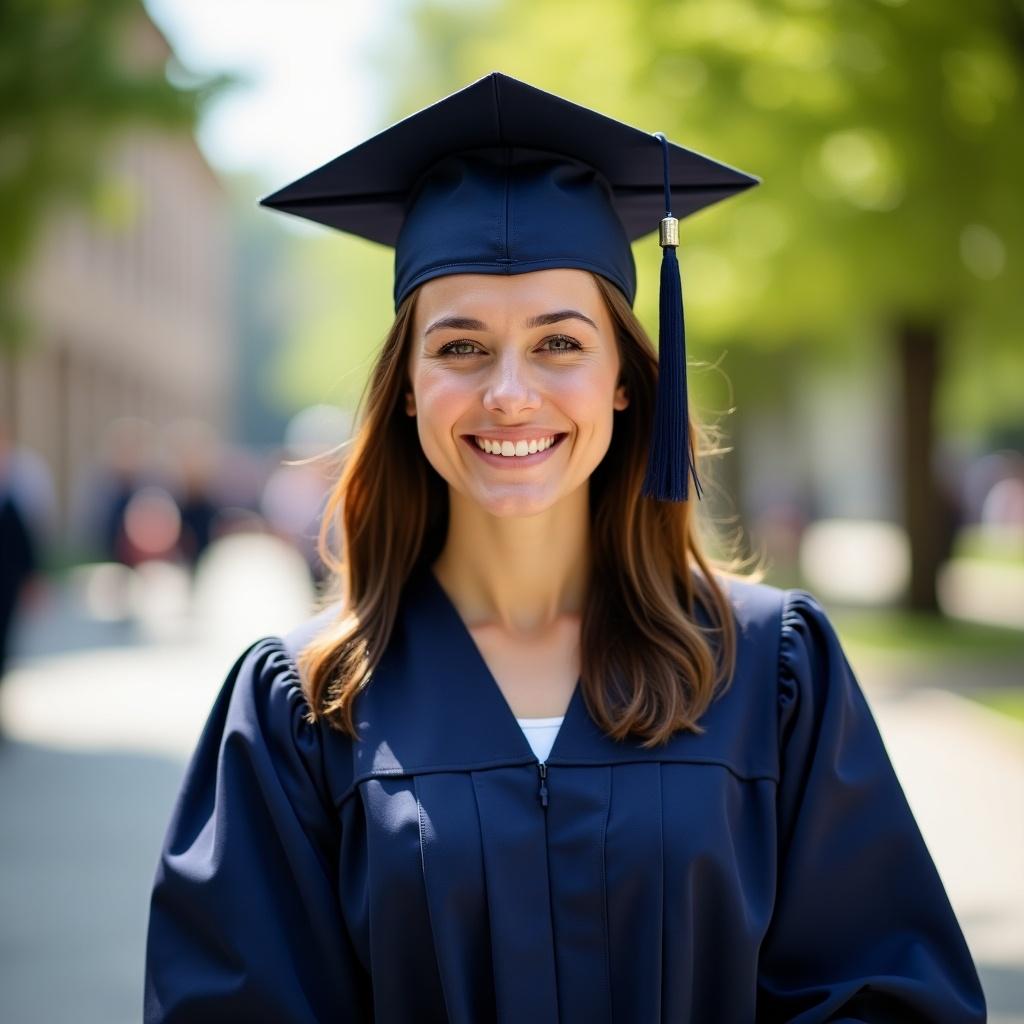 A smiling graduate stands proudly outdoors, wearing a dark blue cap and gown. She has long, flowing hair and is beaming with joy. The background features blurred trees and fellow graduates celebrating their achievements. The scene is filled with natural light, adding to the festive atmosphere. This image captures the essence of accomplishment and the excitement of graduation day.