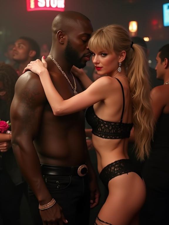 A woman in black lingerie and a man without a shirt pose in a nightclub. The woman has long blonde hair and blue eyes. She stands confidently with one man while rejecting another who looks disappointed.