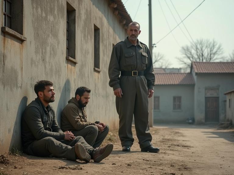 Photorealistic scene showing young Turkish men in a prison yard. One man sits against a wall. Another young man is on the ground next to him. A bulky prison guard stands over them. The setting is an open Turkish prison yard.