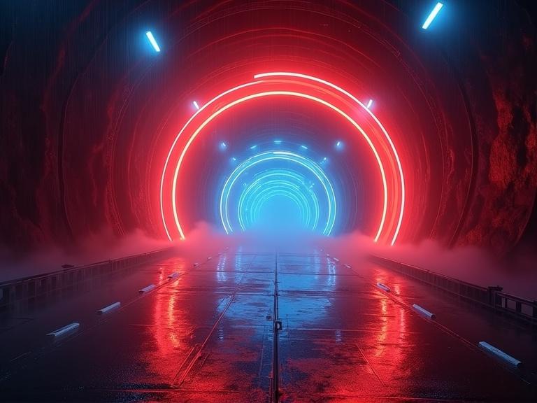Vibrant cyberpunk style tunnel illuminated with blue and red-orange lights. Long spiraled tunnel with endless design. Sevenfold laser beams shoot through the fog. Rain effects create a moody atmosphere. Tunnel has an epic cinematic feel.