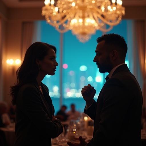A high-stakes negotiation unfolds in a dimly lit ballroom under glittering chandeliers. A businesswoman in a silk blouse meets a mysterious man in a tailored suit. Their conversation is tense and intimate. The city skyline glows through cracked glass. Shot on a vintage lens with soft texture, deep blues, and golds.