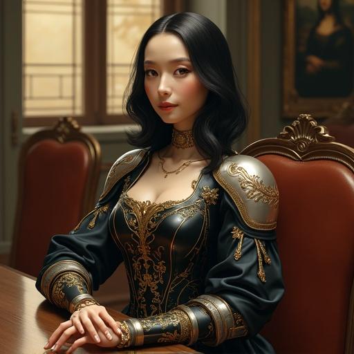 High-performance android secretary in Renaissance study with elegant pose at wooden desk. Warm afternoon light, leather chairs, tall window. Facial structure combines Mona Lisa's elegance with Japanese features. Soft smile, large expressive eyes, glossy black hair in historical style. Mirror-finished body combines futuristic elements with classical design, detailed engravings, and fluid silhouette. Warm tones, fine reflections, and shadows enhance semi-realistic illustration.