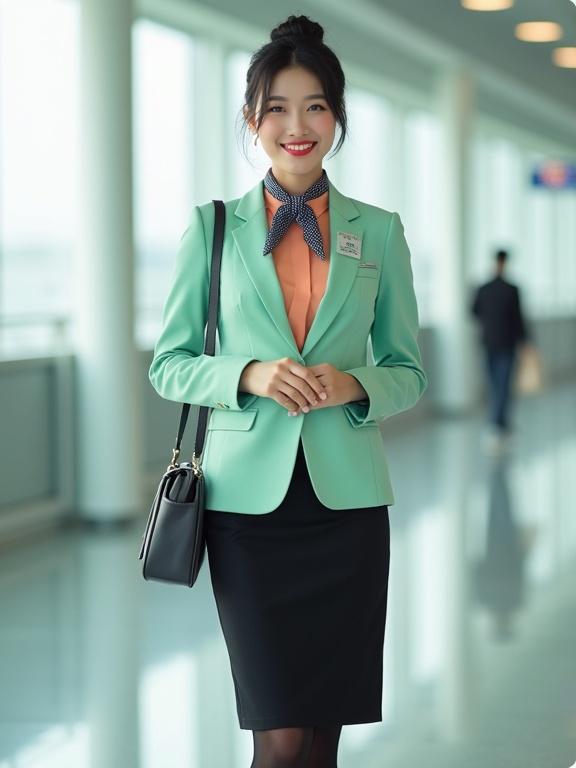 Full body portrait of young East Asian female airport ground staff. Wearing apricot long-sleeve blouse with mint-green blazer over it. Black pencil skirt. Black pantyhose and low-heel pumps. Hair styled in bun. Smiling face with light makeup. Silver name tag on blazer. Black lanyard with ID badge. Dark-blue scarf tied at collar. Dark-grey satchel over shoulder. Standing straight in an airport terminal.