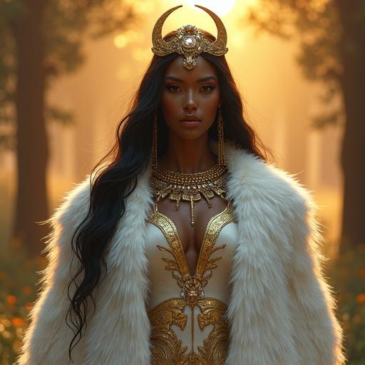 Hyper-realistic portrait of a goddess inspired by Artemis and Isis. Dark-skinned beauty with subtle Japanese features. Dressed in luxurious white silver fur and an elegant golden gown. Richly decorated with Egyptian-style ornaments. Golden halo and crescent moon above flowing black hair. Standing in a mystical forest with golden sunlight. Background includes a silhouette of an Egyptian temple and glowing moon. Ultra-detailed textures.