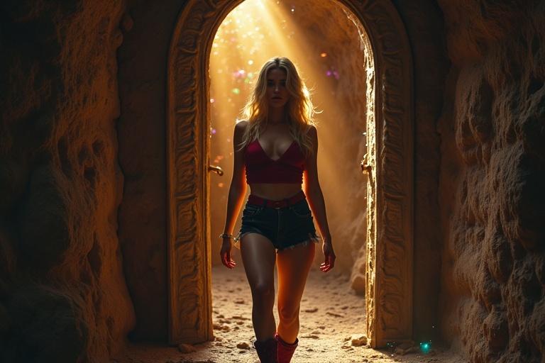 Wide shot of a hidden door opening into a narrow passage. Passage lined with golden reliefs, faint glowing crystals. Crystals emit soft violet, teal, amber light. Girl steps forward cautiously, shadows dancing on her face. Tall girl with golden hair and glowing skin wears a sleeveless dark red crop top and glossy black cutoff shorts. Cinematic grading in saturated gem tones with soft bloom on the crystals.