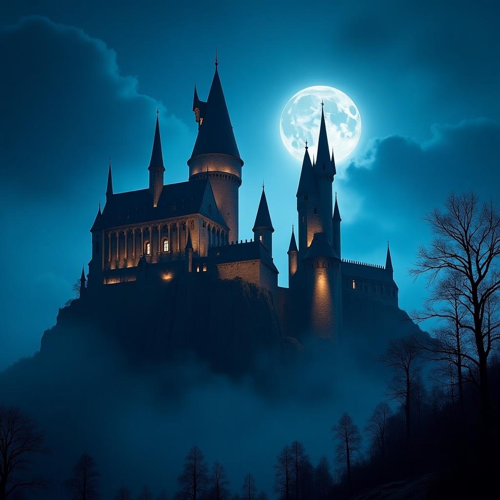 Mystical scene with a large castle at night. Castle is beautifully illuminated against a deep blue sky. Gothic architecture features tall spires and turrets. Setting feels serene yet adventurous. Invites into a fantasy world.