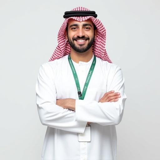 A young Saudi man stands confidently with arms crossed and smiling. He wears a crisp white thobe and a red-and-white ghutra. An ID badge is clipped to his thobe on a green lanyard. The expression is calm and professional. The lighting is soft and highlights natural skin tones and fabric folds. The background is clean and neutral.