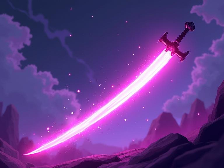 Generate thumbnail for a Roblox ARPG game. Depict an epic sword with a violet trail in motion. Show a character executing a jumping attack in the air. Include dynamic fantasy elements.