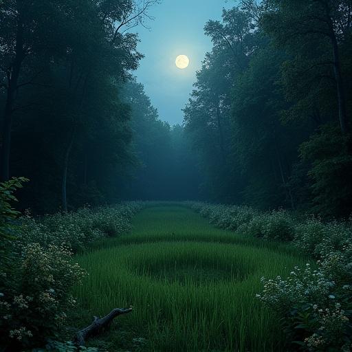 A small circular clearing with long grass in the center of an overgrown forest. Wildflowers partially border the clearing. Moonlight bathes the scene in a gentle glow. The atmosphere evokes a sense of eerie beauty and fear. The setting appears dark and mysterious.