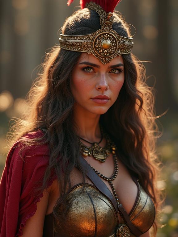 A striking female character reminiscent of Lady Godiva dressed as a warrior inspired by Spartacus. A intricately detailed headpiece adorned with jewels and a matching outfit made of bronze. A flowing red cape adds drama. Captured in a mystical forest with ethereal light. Rich colors and textures show depth and fantasy themes.