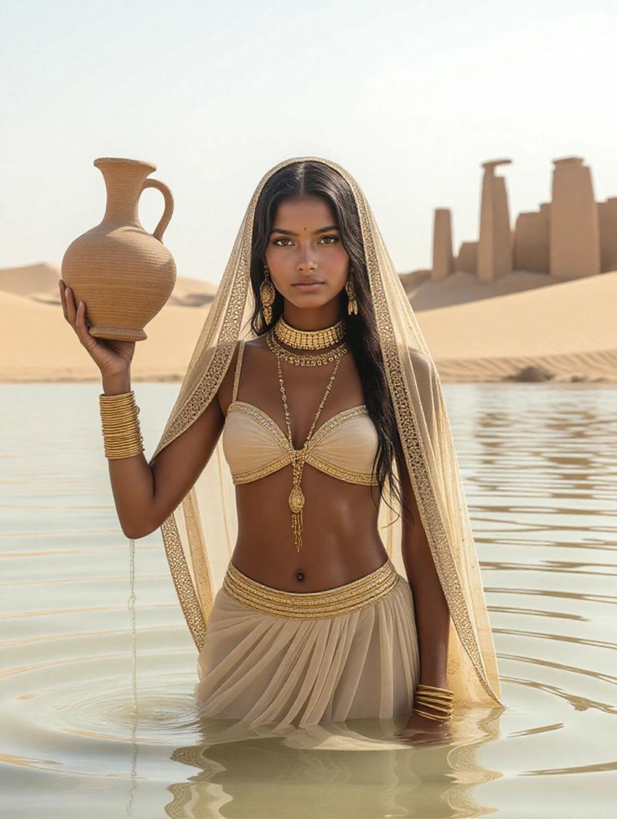 Documentary photography featuring young Nubian girl in desert oasis. Submerged ankle-deep in water. Holds monochromatic clay amphora. Dressed in delicate beige tulle two-piece tunic with gold trim. Transparent golden veils flutter in breeze. Gold jewelry adorns her neck and wrists. Transparent silk scarf lightly covers hair. Ancient ruins and white Bedouin tents visible in background. Serene and timeless atmosphere with soft natural light.