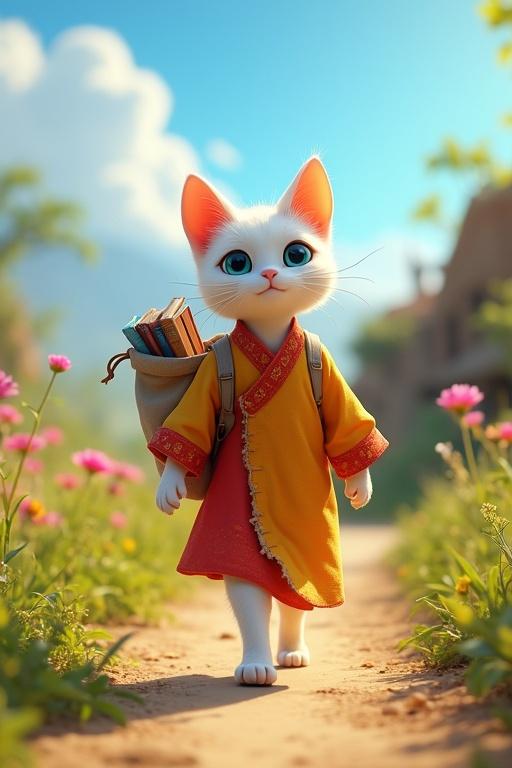 A vibrant animated cat walking on a village path. A white cat with blue eyes in a colorful kurta. The cat carries a patched bag filled with books. Surrounded by lush fields and wildflowers under a blue sky. A scene showing determination and hope.