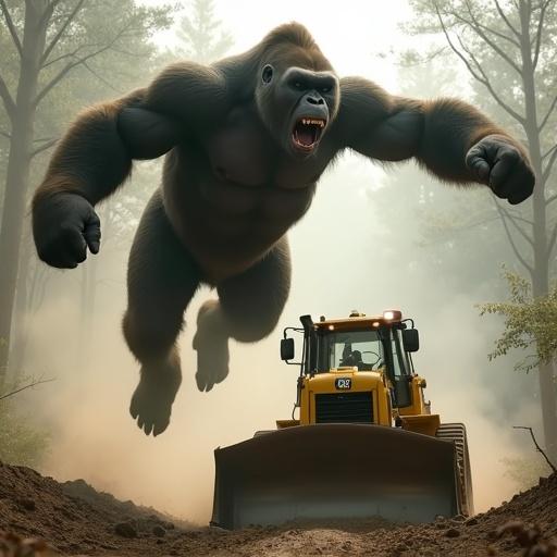 Massive gorilla leaps through the air towards a bulldozer. Gorilla arms drawn back fists clenched fur rippling. Bulldozer slightly tilted blade raised. Jungle background chaotic with burning trees and smoke. Sunlight shafts pierce thick air. Scene emphasizes powerful leap and dynamic contrast.