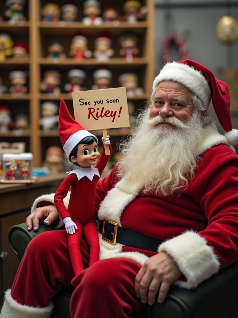 An elf in a red outfit sits with Santa in a workshop. The elf holds a sign that says 'See you soon Riley!'. Funko Pops are in the background.