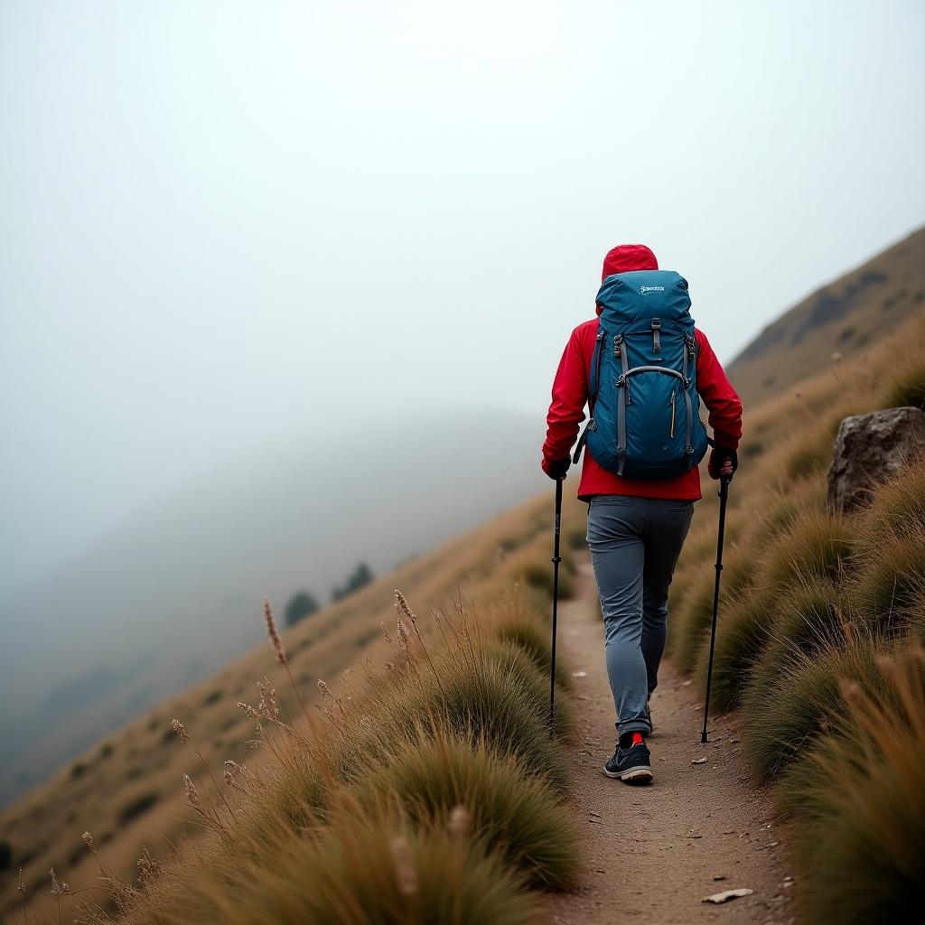 A hiker in a red jacket walks along a scenic trail in the hills. The trail is bordered by soft grass, and the hiker carries a blue backpack. They are using trekking poles for support. The landscape is shrouded in a haze, adding a mysterious feel to the environment. The setting appears tranquil and inviting for nature lovers and outdoor enthusiasts.