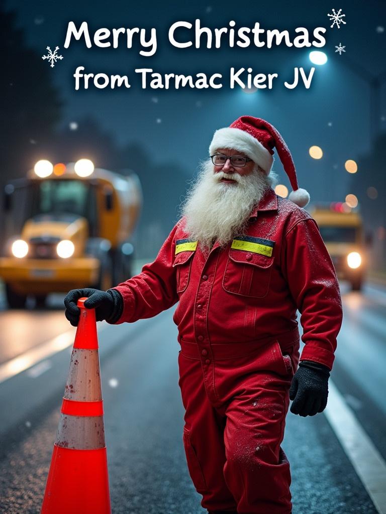 A festive scene features Santa Claus as a roadworker. Santa wears red overalls and a Santa hat. An orange road cone is held in his hand. The highway is visible in the background. Digger and dumper machines are present. The London cityscape is depicted at night with snow. The atmosphere is cold and festive.