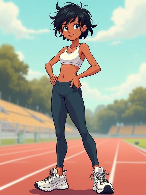 Full body portrait of a young teen with tanned skin wearing a sports bra and leggings. She has messy black hair and stands on a track field in oversized sneakers. Soft and diffused light bathes the scene with smooth lines and shading in a comic book style.