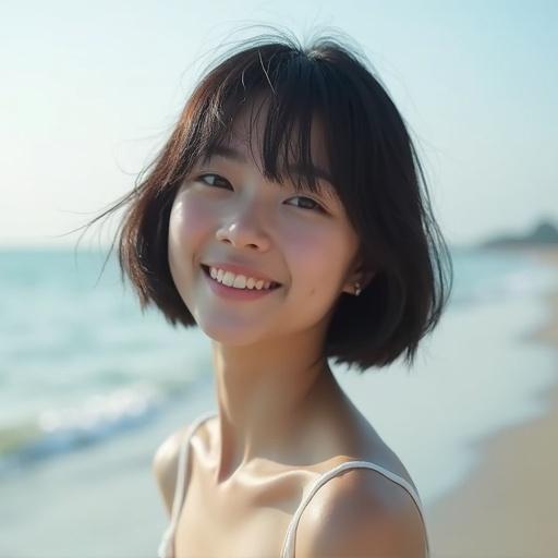 Portrait of a young girl on the beach in the morning. She has dark short hair and a joyful smile. The ocean and shore are visible in the background.