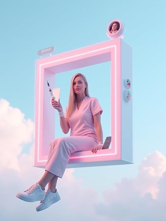 A floating Instagram frame against a cloudy sky contains a professional aesthetician in light pink scrubs holding a syringe and mirror. The frame is neon-inspired with a glowing aesthetic. 3D social media icons drift below. Annotations allow visibility of user interaction with the aesthetician's work. Clean and minimalist aesthetics highlight the medical theme and social engagement.