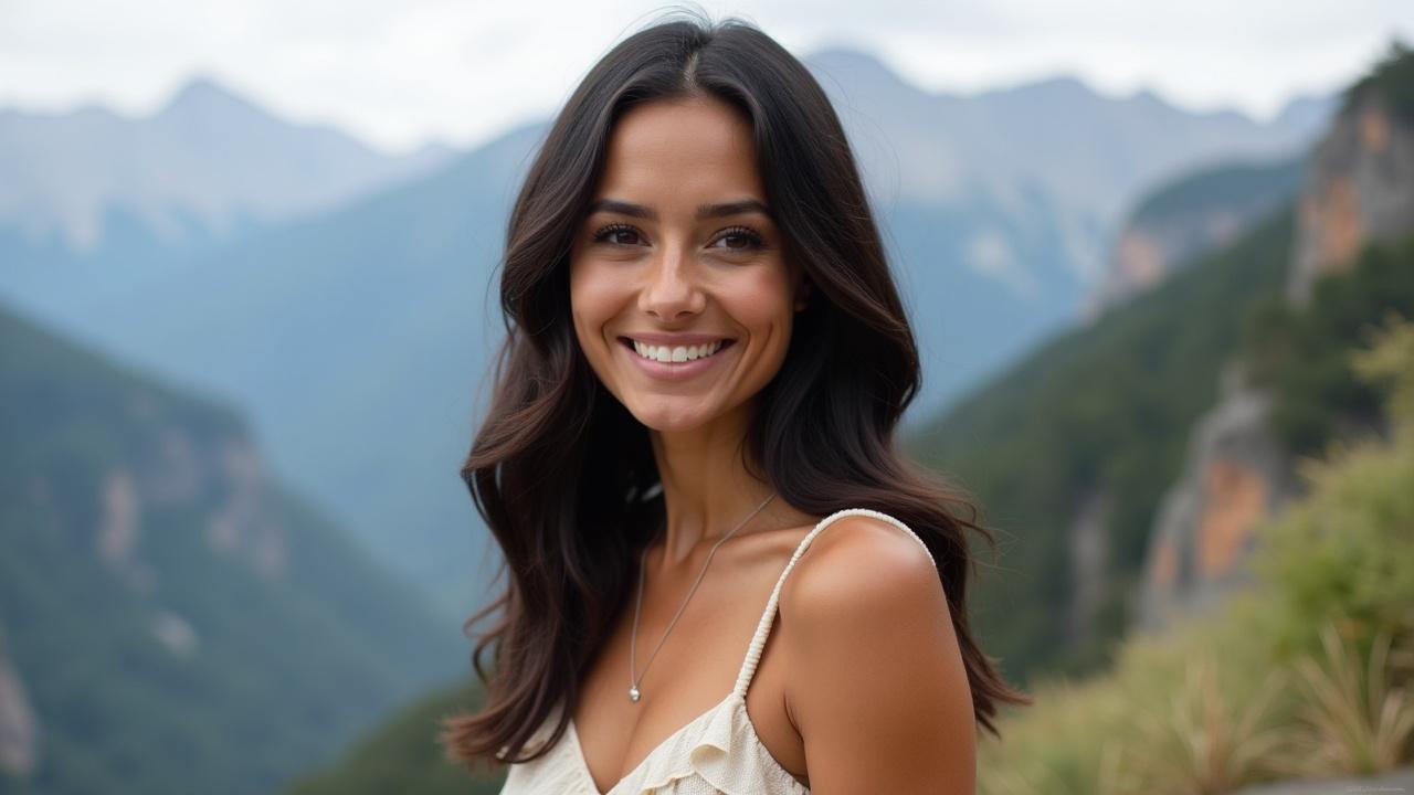 This image captures a young woman with long, wavy hair smiling brightly against a stunning mountain backdrop. She is wearing a light-colored top that complements the scenery. The landscape features lush greenery and distant mountains under a cloudy sky. The photo conveys a feeling of joy and a connection to nature. Ideal for use in promotional materials or social media posts about beauty, lifestyle, or travel.