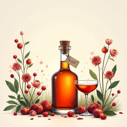 A minimalist style image of an apothecary-style bottle labeled 'ALFRUNO'. The background is white-beige. Surrounding the bottle are blooming wormwood-plants, sloe berries, rose hips, and wild flowers. Two cocktail glasses filled with liquid are next to the bottle. The composition features clean and bold strokes with a modern feel. The bottle radiates a golden-reddish glow.