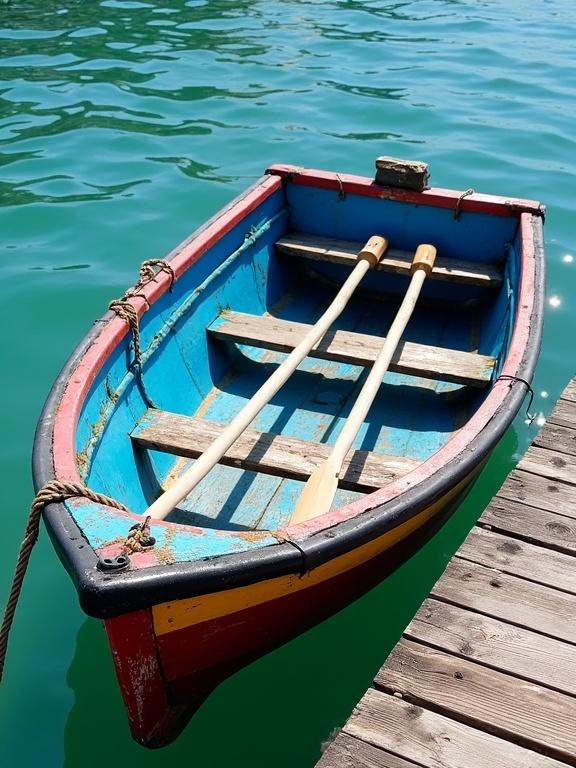 Photograph of weathered rowboat with bright blue interior and red yellow stripes. Docked in turquoise sea with sunlight reflections. Wooden dock shown in bottom right corner. Rustic and charming atmosphere with vibrant colors and high contrast.