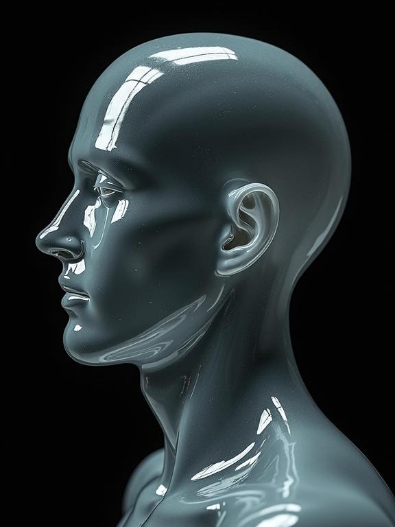 Image of an old transparent plastic texture mannequin viewed from the side against a black background. The focus is on the smooth curves and details of the plastic surface.